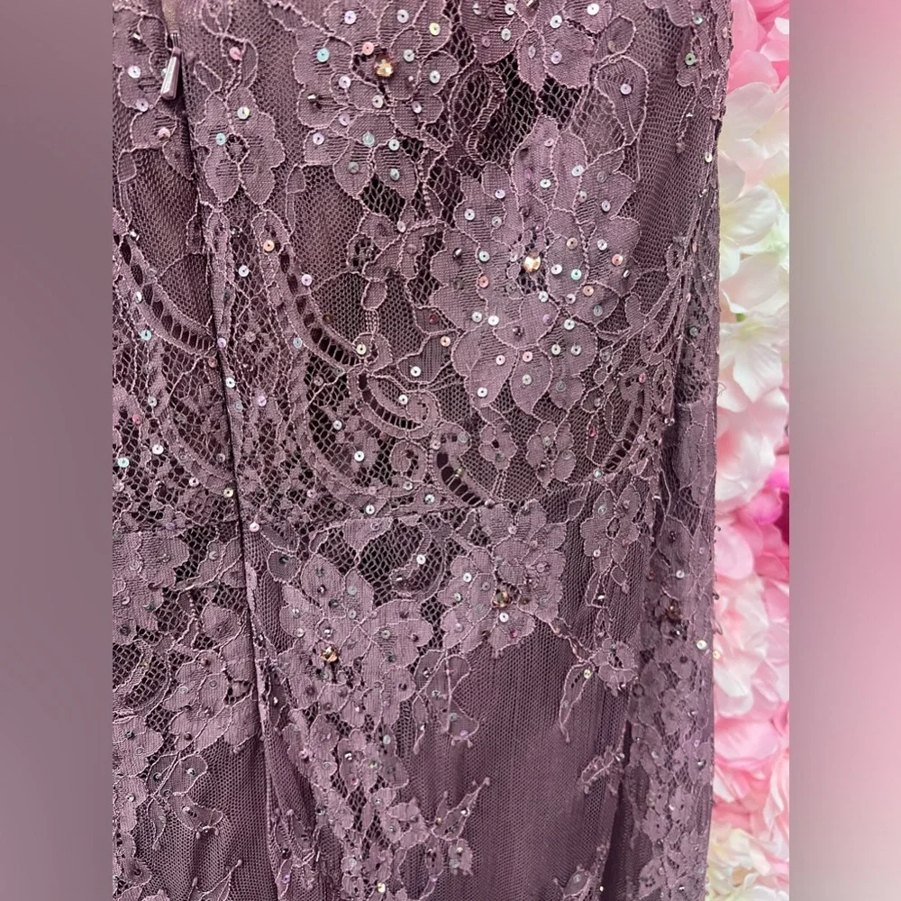 Montage by Mon Cheri size 16 lace and beaded long v neck dress mauve - Picture 3 of 6